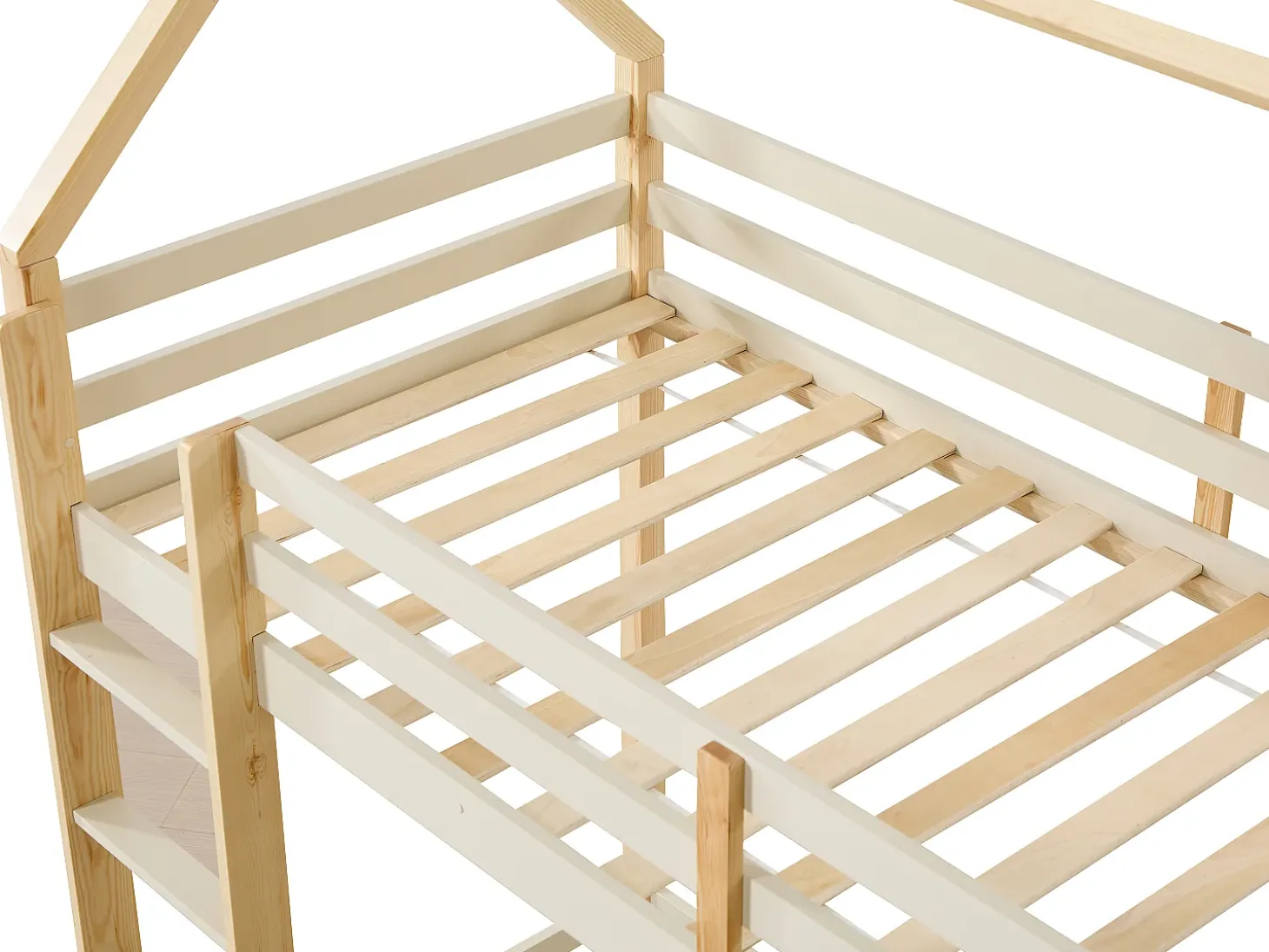 Cama alta tipo cabana 90 x 190 cm pinho maciço bege e natural + colchão - TARZIA