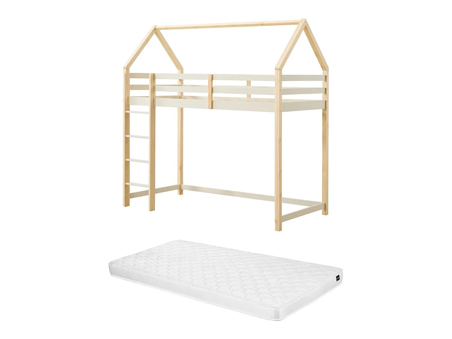 Cama alta tipo cabana 90 x 190 cm pinho maciço bege e natural + colchão - TARZIA