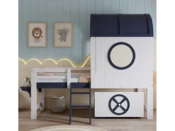Cama alta 90x200 cm - Cama de criança com escada e gavetas - branca e azul escuro - sem colchão