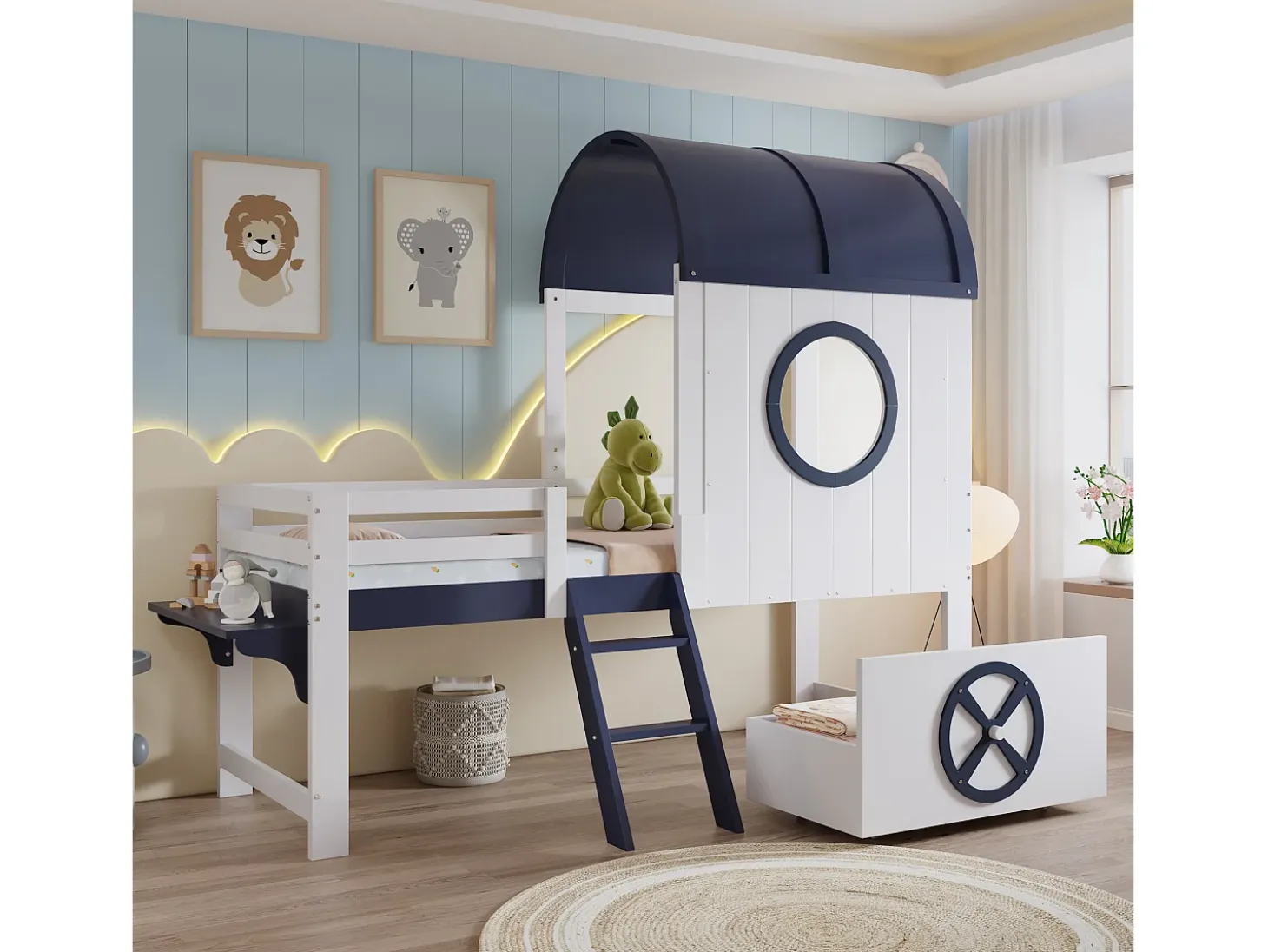Cama alta 90x200 cm - Cama de criança com escada e gavetas - branca e azul escuro - sem colchão