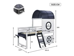 Cama alta 90x200 cm - Cama de criança com escada e gavetas - branca e azul escuro - sem colchão