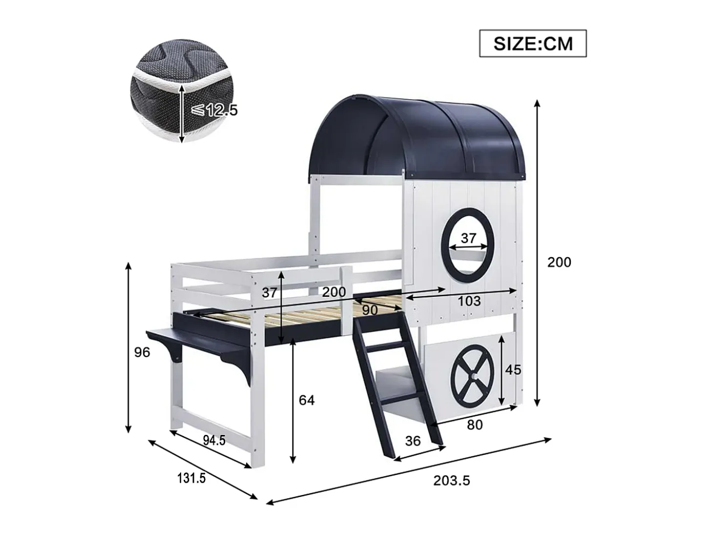 Cama alta 90x200 cm - Cama de criança com escada e gavetas - branca e azul escuro - sem colchão
