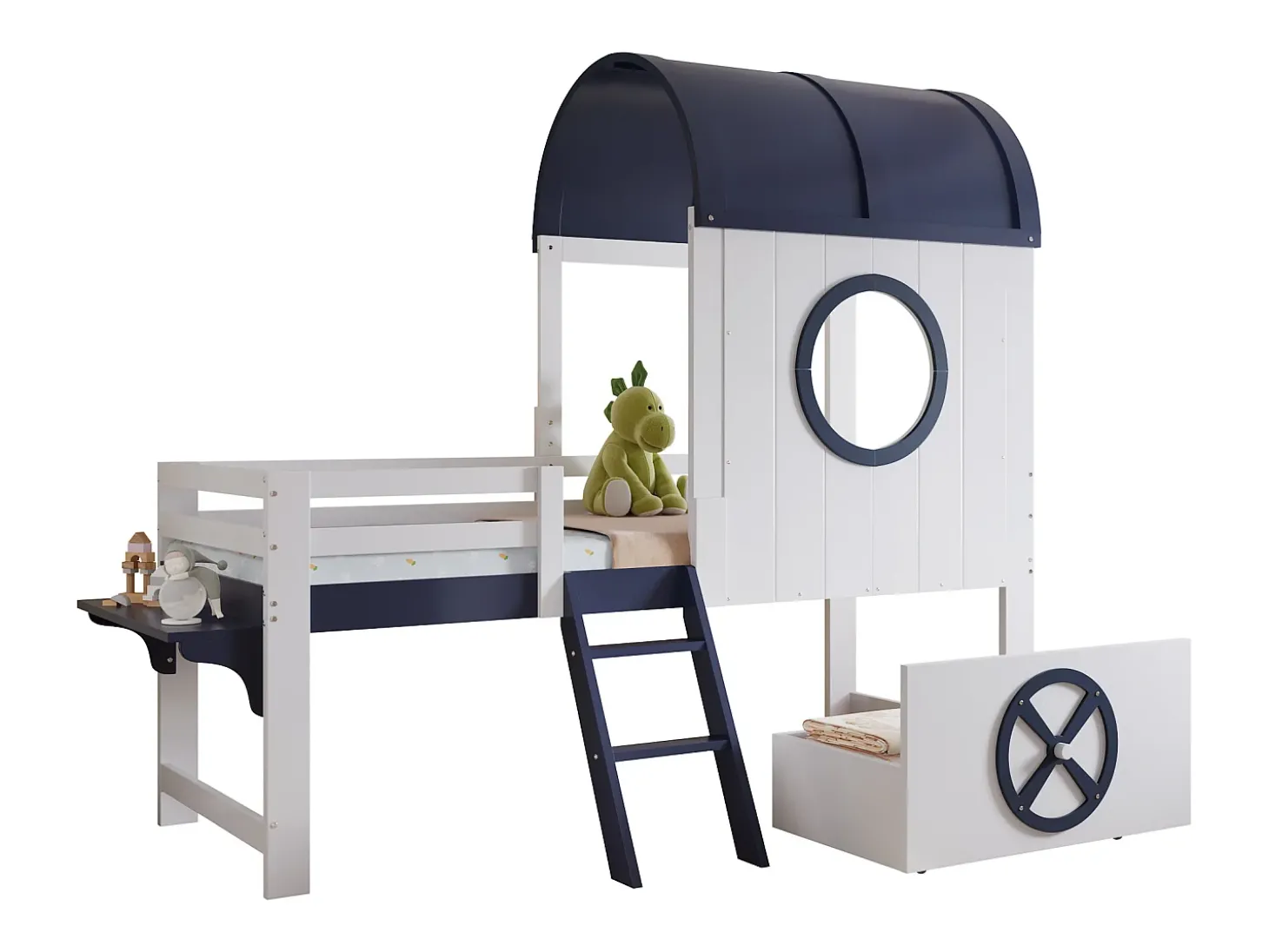 Cama alta 90x200 cm - Cama de criança com escada e gavetas - branca e azul escuro - sem colchão