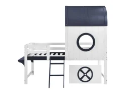 Cama alta 90x200 cm - Cama de criança com escada e gavetas - branca e azul escuro - sem colchão