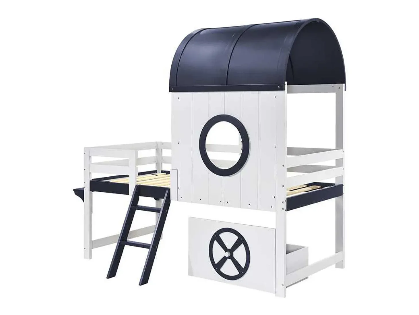 Cama alta 90x200 cm - Cama de criança com escada e gavetas - branca e azul escuro - sem colchão