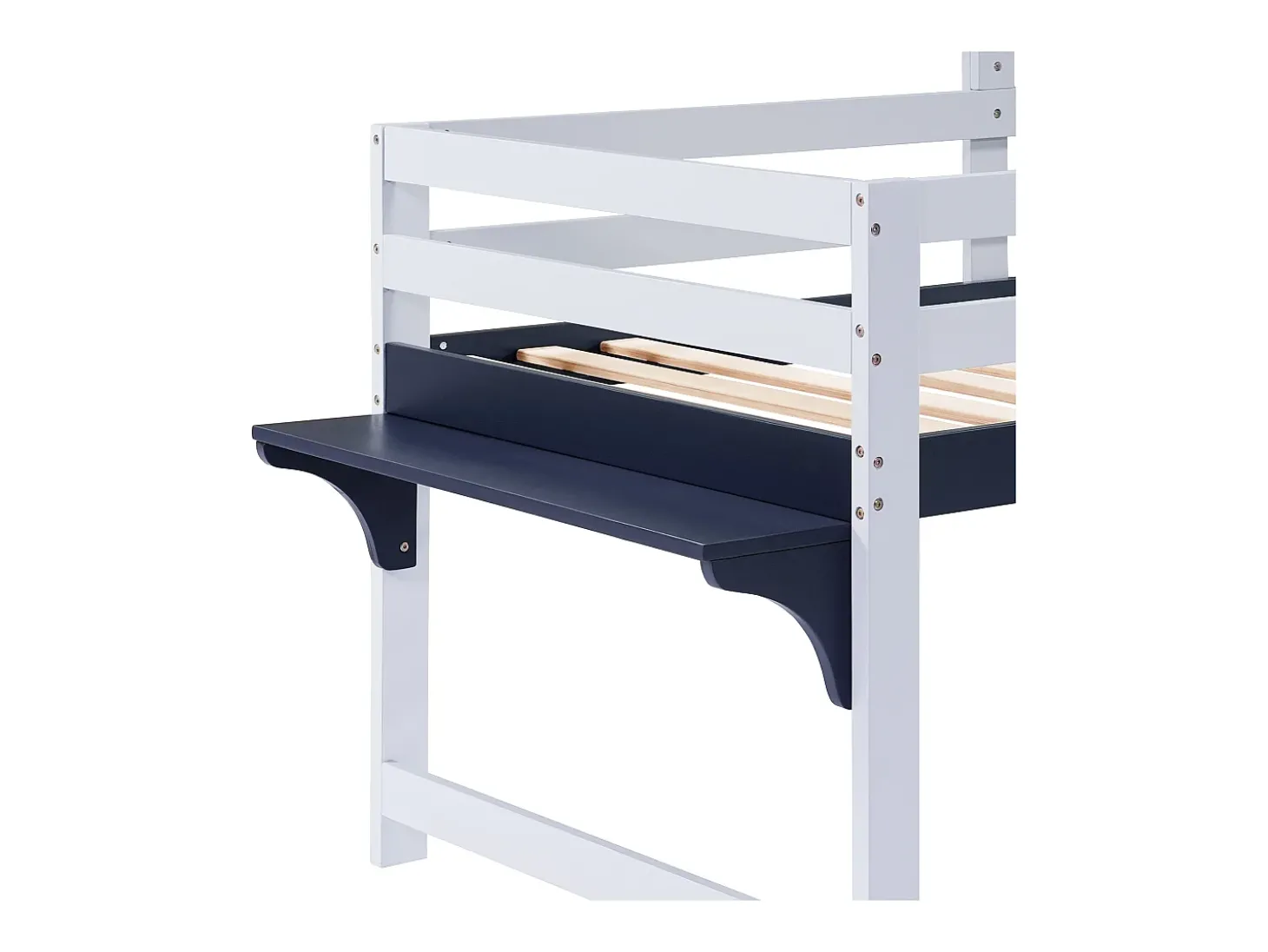 Cama alta 90x200 cm - Cama de criança com escada e gavetas - branca e azul escuro - sem colchão