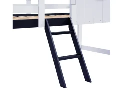 Cama alta 90x200 cm - Cama de criança com escada e gavetas - branca e azul escuro - sem colchão