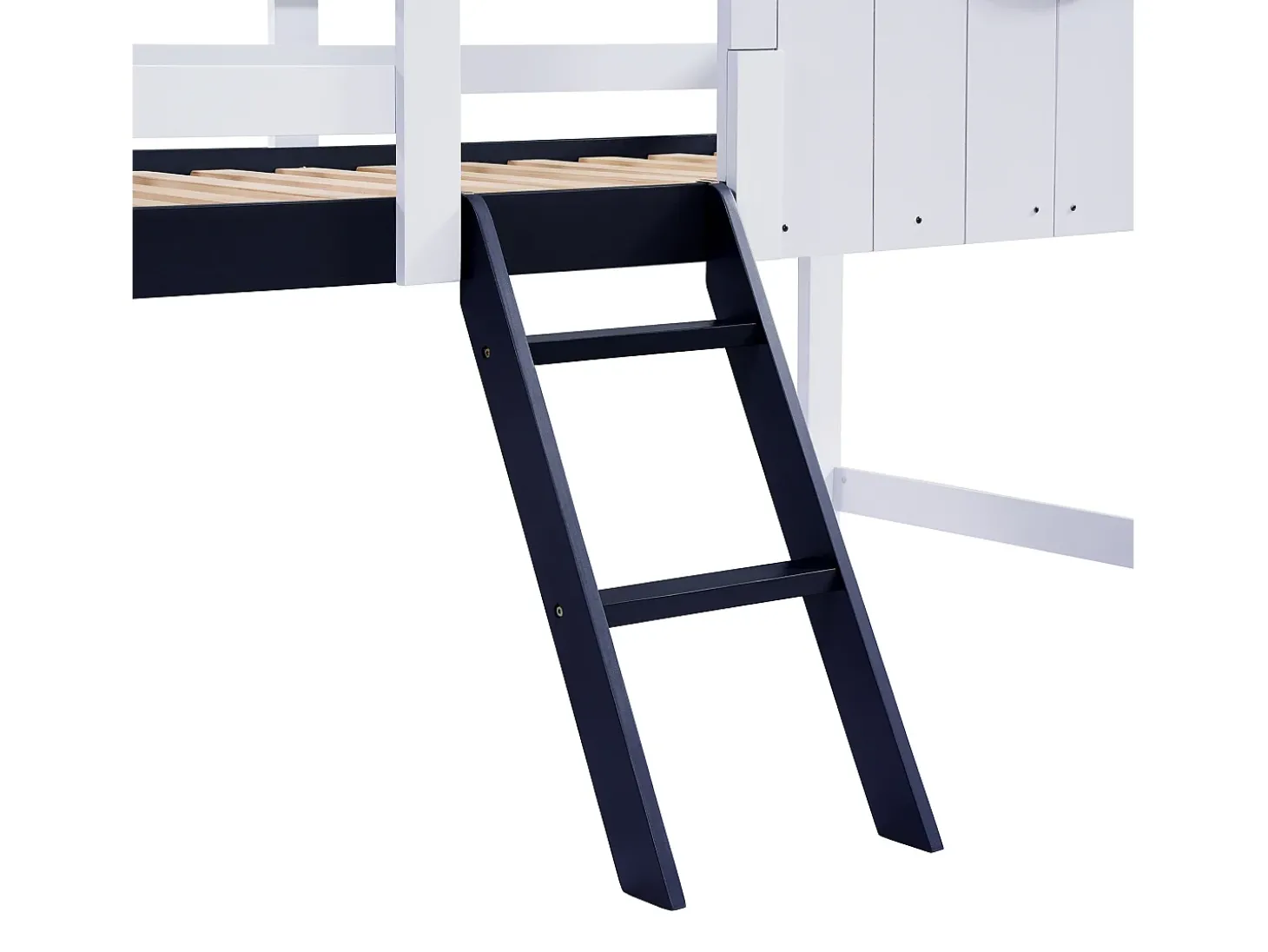 Cama alta 90x200 cm - Cama de criança com escada e gavetas - branca e azul escuro - sem colchão
