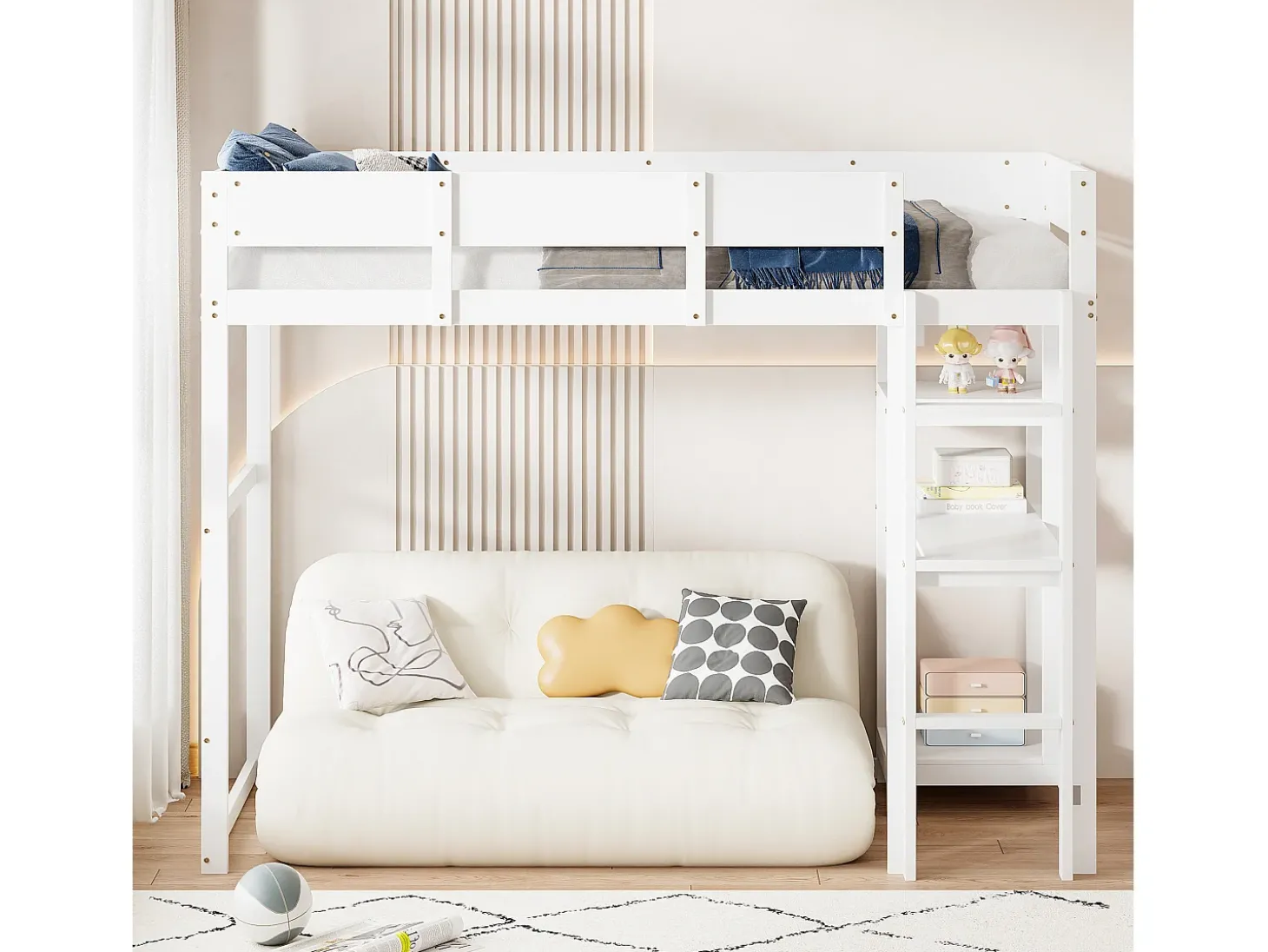 Cama alta 90x200 cm - com prateleiras de arrumação, estrado de ripas de madeira - branca - colchão não incluído