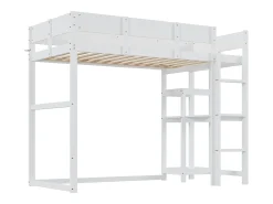 Cama alta 90x200 cm - com prateleiras de arrumação, estrado de ripas de madeira - branca - colchão não incluído