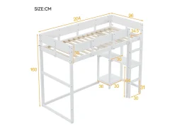 Cama alta 90x200 cm - com prateleiras de arrumação, estrado de ripas de madeira - branca - colchão não incluído