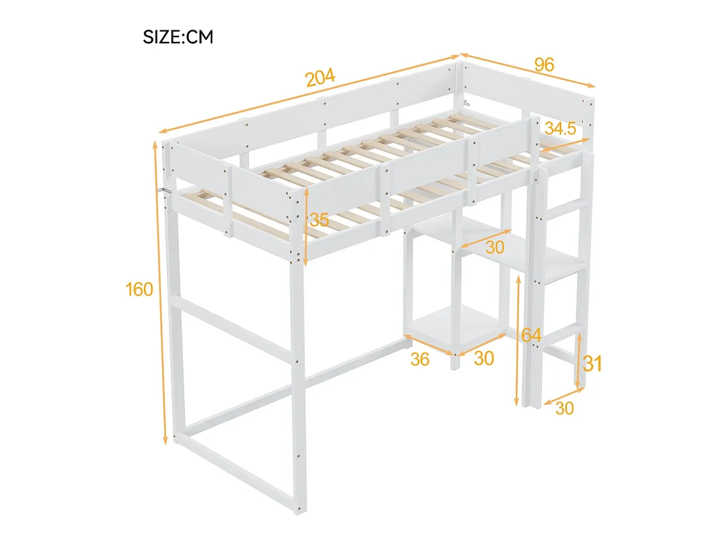 Cama alta 90x200 cm - com prateleiras de arrumação, estrado de ripas de madeira - branca - colchão não incluído