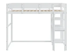 Cama alta 90x200 cm - com prateleiras de arrumação, estrado de ripas de madeira - branca - colchão não incluído