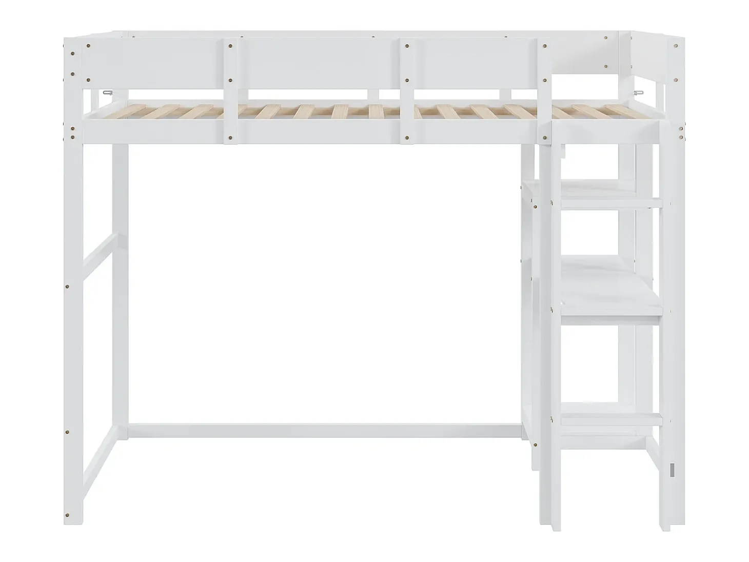 Cama alta 90x200 cm - com prateleiras de arrumação, estrado de ripas de madeira - branca - colchão não incluído