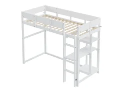 Cama alta 90x200 cm - com prateleiras de arrumação, estrado de ripas de madeira - branca - colchão não incluído