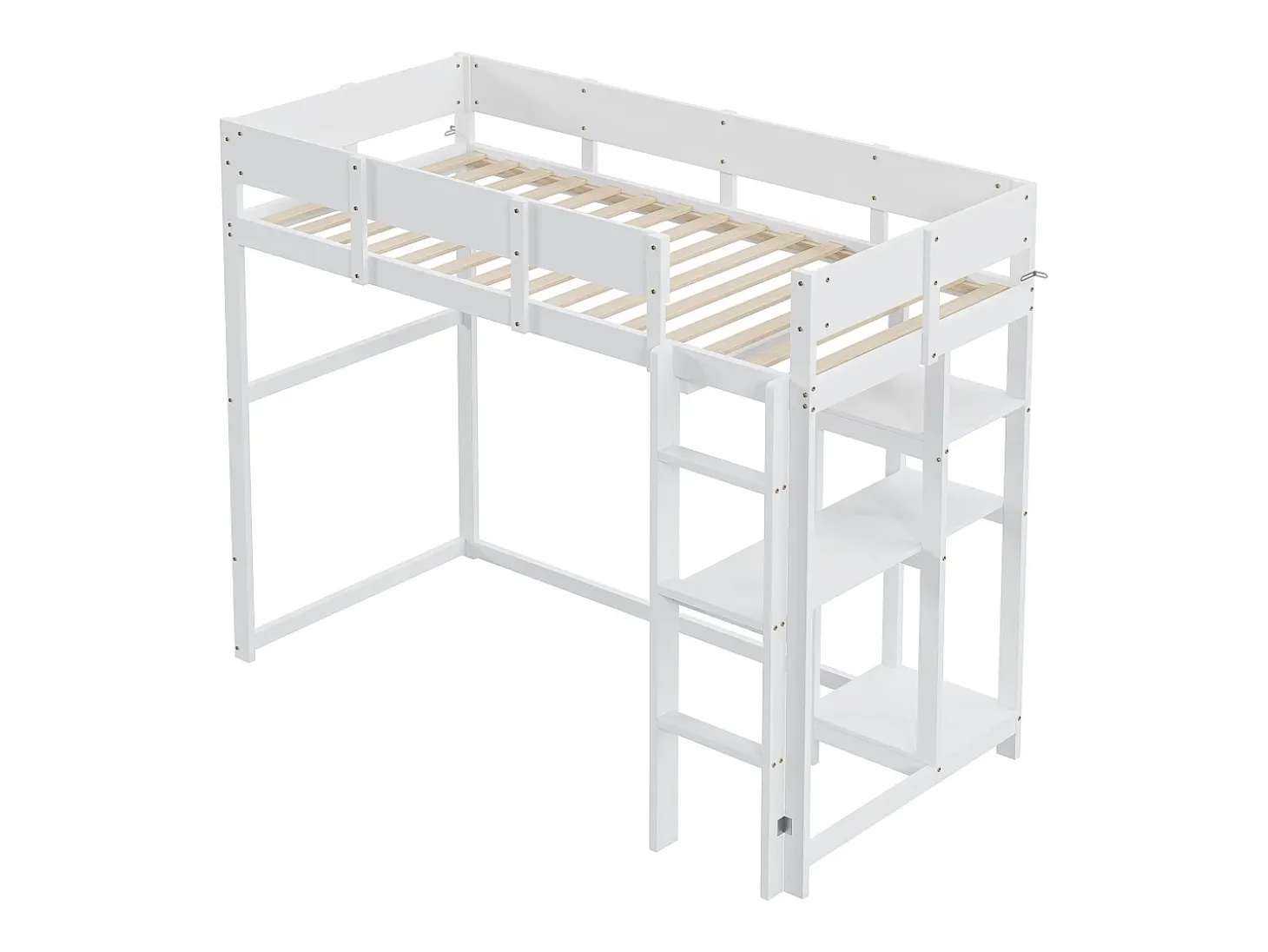 Cama alta 90x200 cm - com prateleiras de arrumação, estrado de ripas de madeira - branca - colchão não incluído