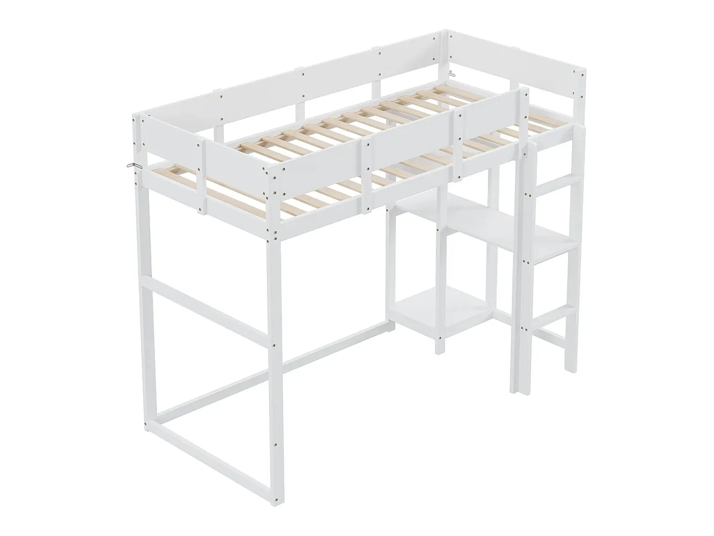 Cama alta 90x200 cm - com prateleiras de arrumação, estrado de ripas de madeira - branca - colchão não incluído