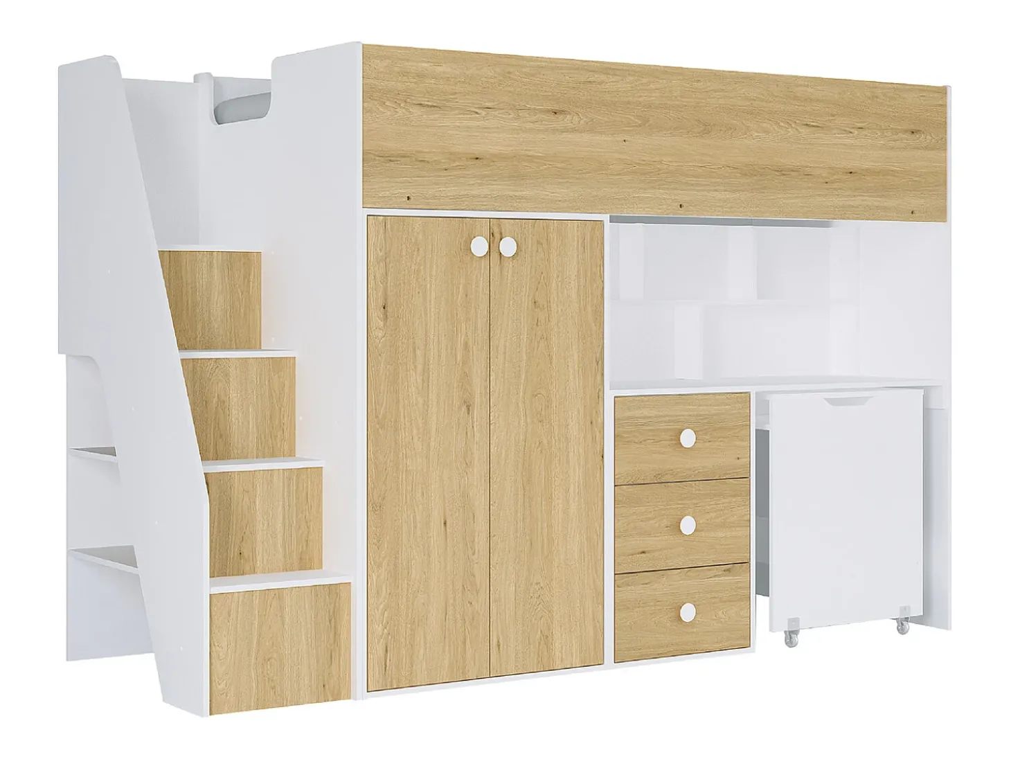 Cama alta 90x190 cm com guarda-roupa e secretária branco e natural - LANILATO