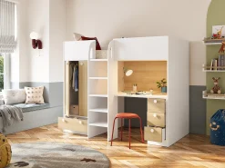 Cama alta 90x190 cm com guarda-roupa e secretária cor branco e natural - CINAMO