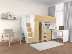 Cama alta 90x190 cm com guarda-roupa e secretária branco e natural + colchão - LANILATO