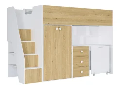 Cama alta 90x190 cm com guarda-roupa e secretária branco e natural + colchão - LANILATO