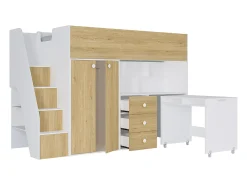 Cama alta 90x190 cm com guarda-roupa e secretária branco e natural + colchão - LANILATO