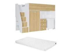 Cama alta 90x190 cm com guarda-roupa e secretária branco e natural + colchão - LANILATO