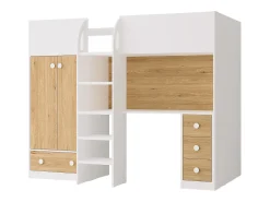Cama alta 90x190 cm com guarda-roupa e secretária branco e natural + colchão - CINAMO