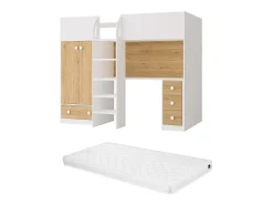 Cama alta 90x190 cm com guarda-roupa e secretária branco e natural + colchão - CINAMO