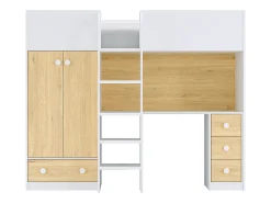 Cama alta 90x190 cm com guarda-roupa e secretária branco e natural + colchão - CINAMO