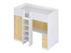 Cama alta 90x190 cm com guarda-roupa e secretária branco e natural + colchão - CINAMO
