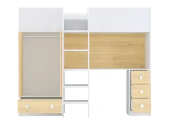 Cama alta 90x190 cm com guarda-roupa e secretária branco e natural + colchão - CINAMO
