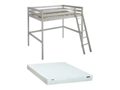 Cama alta 140x190 cm em pinho maciço esbranquiçado com colchão GEDEON II