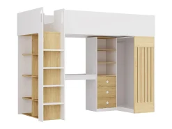 Cama alta 90x190 cm secretária e barra de pendurados branco e natural - LORINTI