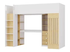 Cama alta 90x190 cm secretária e barra de pendurados branco e natural - LORINTI