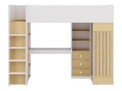 Cama alta 90x190 cm secretária e barra de pendurados branco e natural - LORINTI