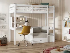 Cama alta 90x200 cm secretária, sofá e arrumação pinho e MDF branco + colchão - GOLIATH