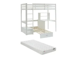 Cama alta 90x200 cm secretária, sofá e arrumação pinho e MDF branco + colchão - GOLIATH