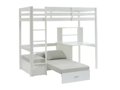 Cama alta 90x200 cm secretária, sofá e arrumação pinho e MDF branco + colchão - GOLIATH