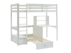 Cama alta 90x200 cm secretária, sofá e arrumação pinho e MDF branco + colchão - GOLIATH