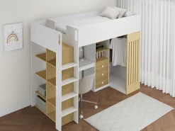 Cama alta 90x190 cm secretária e barra de pendurados branco e natural + colchão - LORINTI