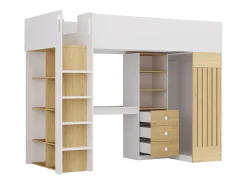 Cama alta 90x190 cm secretária e barra de pendurados branco e natural + colchão - LORINTI