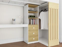 Cama alta 90x190 cm secretária e barra de pendurados branco e natural + colchão - LORINTI