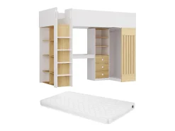 Cama alta 90x190 cm secretária e barra de pendurados branco e natural + colchão - LORINTI