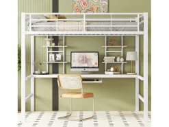 Cama alta 140x200cm - com secretária e prateleiras - estrutura metálica - Branco