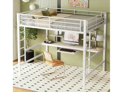 Cama alta 140x200cm - com secretária e prateleiras - estrutura metálica - Branco