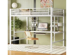 Cama alta 140x200cm - com secretária e prateleiras - estrutura metálica - Branco