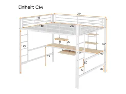 Cama alta 140x200cm - com secretária e prateleiras - estrutura metálica - Branco