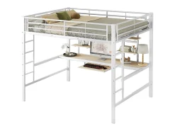 Cama alta 140x200cm - com secretária e prateleiras - estrutura metálica - Branco