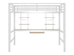 Cama alta 140x200cm - com secretária e prateleiras - estrutura metálica - Branco